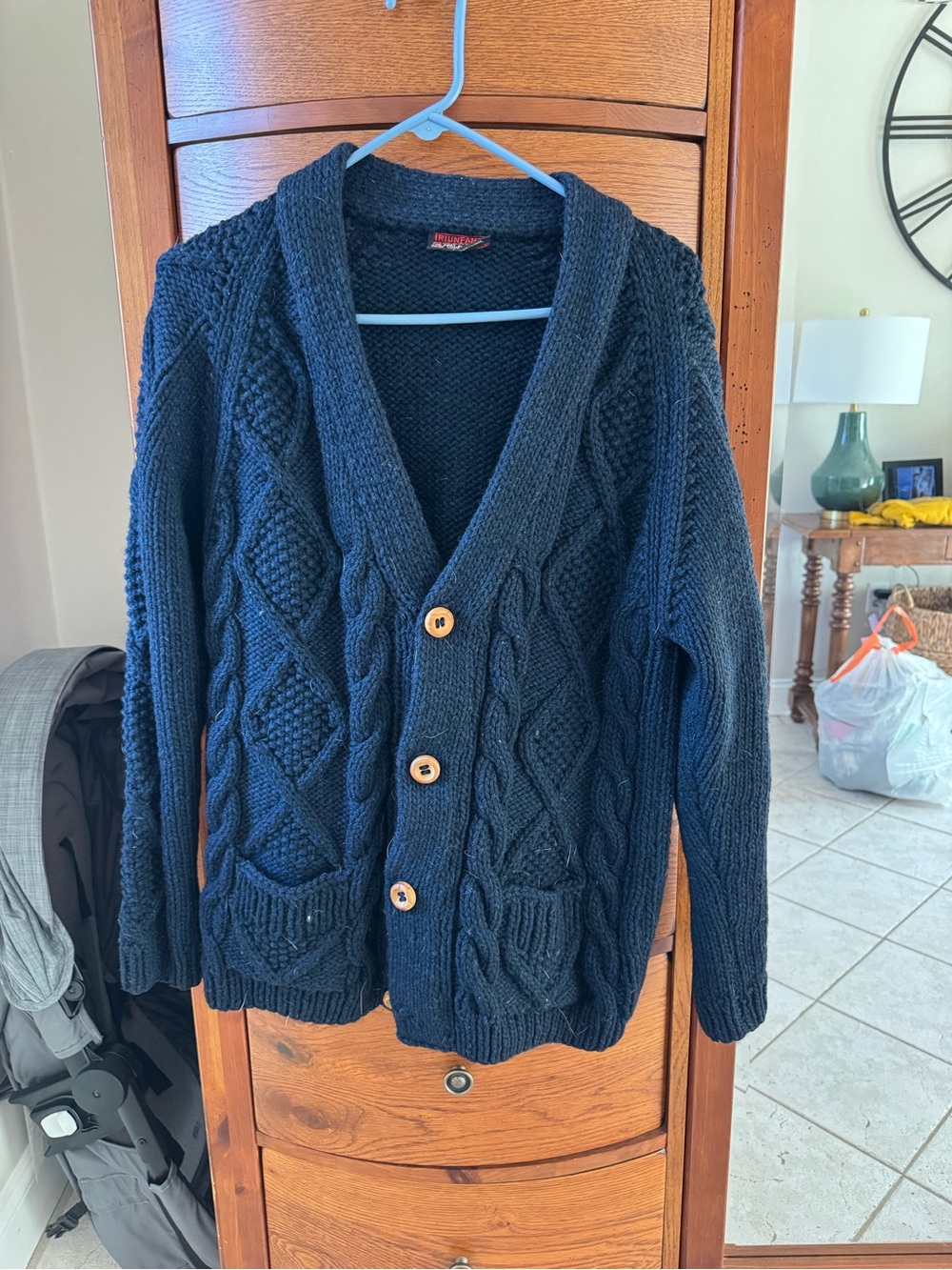 Men's Cable-Knit Shawl Collar Wool Cardigan in Navy